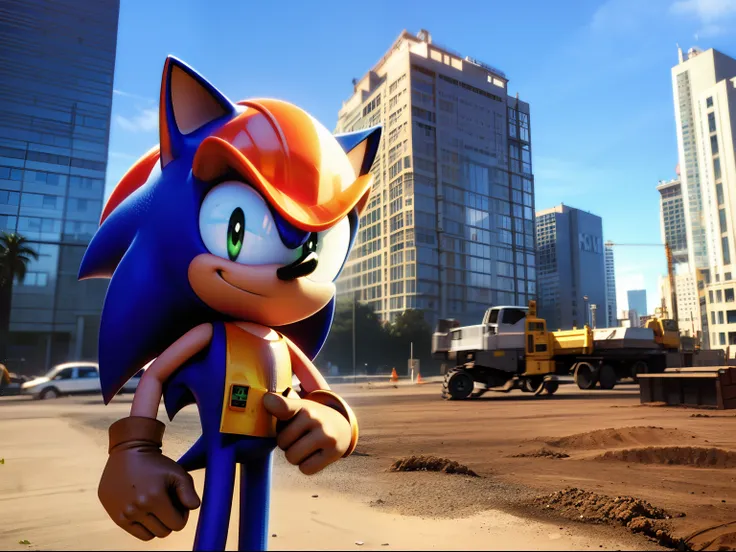 sonic the hedgehog wearing construction worker outfit, looking at the viewer, on a construction site, lots of construction equip...