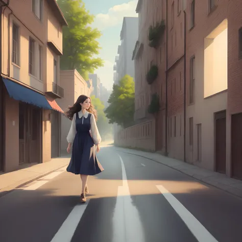 Beautiful young woman walking on the road, illustration,clear view.