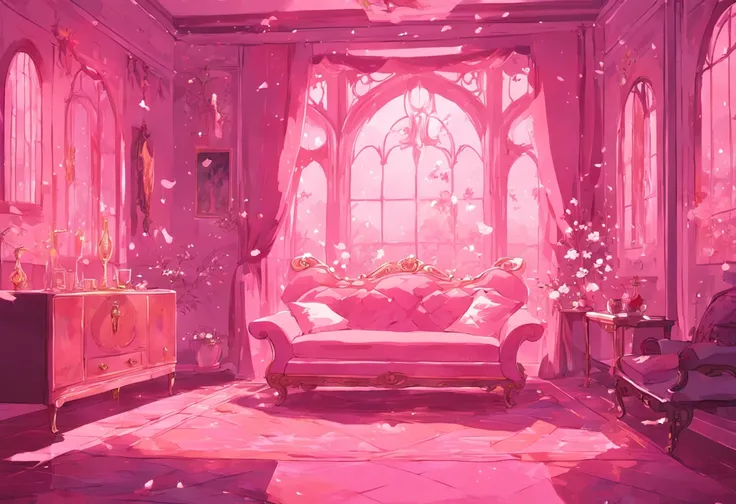 a brightly lit room with a couch and a rug in it, magical colors and atmosphere, magical colours and atmosphere, dreamy atmosphere and drama, brightly lit pink room, the walls are pink, pink zen style, very magical and dreamy, magical environment, fantasti...