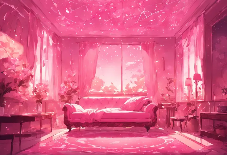 a brightly lit room with a couch and a rug in it, magical colors and atmosphere, magical colours and atmosphere, dreamy atmosphere and drama, brightly lit pink room, the walls are pink, pink zen style, very magical and dreamy, magical environment, fantasti...