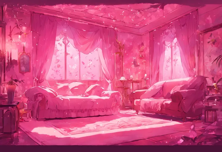 a brightly lit room with a couch and a rug in it, magical colors and atmosphere, magical colours and atmosphere, dreamy atmosphere and drama, brightly lit pink room, the walls are pink, pink zen style, very magical and dreamy, magical environment, fantasti...