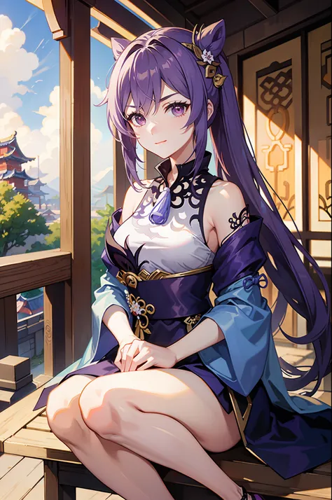 Keqing (Genshin Impact)，Sat down，ssmile，Tsundere，On the steps，There is a sword next to it，Ancient Chinese style，Ancient city background，Lanterns，Long dark purple hair Lilac clothes，Keep ones mouth shut