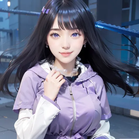 1girl, hyuga hinata, long hair, sexy dress, black hair, white eyes, smile, beautiful, purple and white clothes, very big breast, sexy clothes, outdoor background, ultra detail, realistic