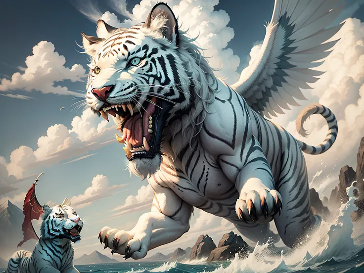 Chinese mythological story background，From the Classic of Mountains and Seas，（A white tiger with wings）Treading on the clouds，Open mouth，teeth showing