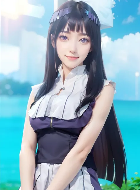 1girl, hyuga hinata, long hair, sexy dress, black hair, white eyes, smile, beautiful, purple and white clothes, very big breast, sexy clothes, outdoor background, ultra detail, realistic