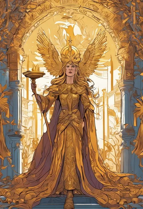 The female pope wears a golden crown and a phoenix robe, holding a phoenix scepter and a magic book. She is surrounded by a dazzling display of gold coins and has long golden hair.