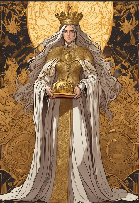 The female pope wears a golden crown and a phoenix robe, holding a phoenix scepter and a magic book. She is surrounded by a dazzling display of gold coins and has long golden hair.