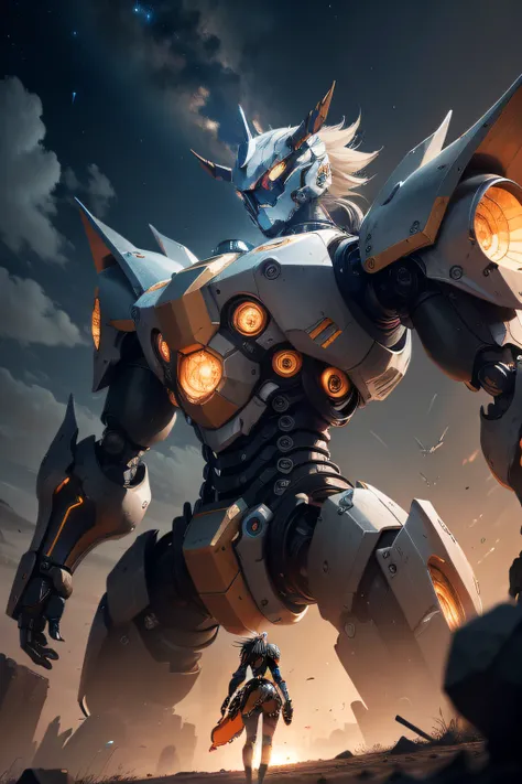 Close-up of the robot, anime robotic mixed with organic, Under the stars consists of many metal fragments, a dragon made of machine parts, giant anime mecha, tremendous mecha robot, vitruvian mecha, metal sculpture, metal art, robot made of jet parts, pter...