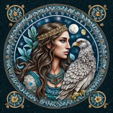 Close-up of a woman with a bird on her shoulder, portrait of a norse moon goddess, The mythology of the goddess of the earth, Norse goddess, Druid Goddess, goddess of the hunt and the moon, goddess of wisdom, The Art of the Goddess, Celtic fantasy art, god...