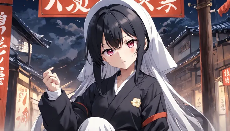 A black-haired transcendent beautiful girl wearing a Japan black boys school uniform, a long-sleeved jacket and long pants is wearing a long white bowl wrap around her head and white gloves.