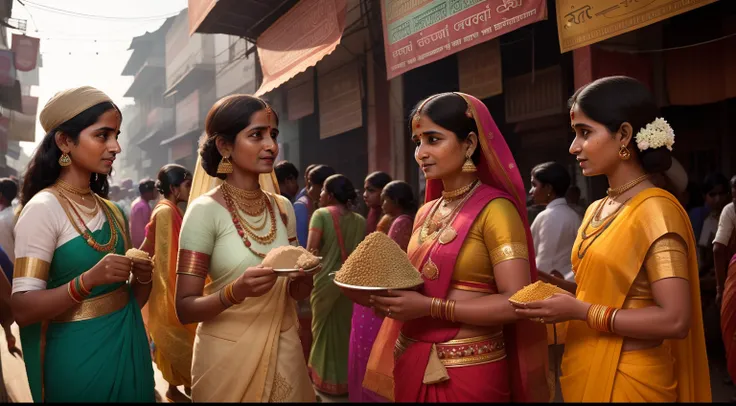 1915
India.
 In a bustling market in Kolkata, a group of young women gather. Their attire reflects the diverse cultural regions of India - sarees of vibrant colors, intricate jewelry, and head coverings. The women are haggling over prices of spices and fab...