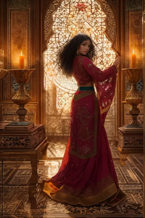 Hit a window in light rain, A dimly lit room appeared, Bask in the soft glow of countless candles. Their twinkling lights dance on ornate Moroccan tapestries and intricately carved wooden furniture, Create an old-world elegance and welcoming atmosphere.In ...