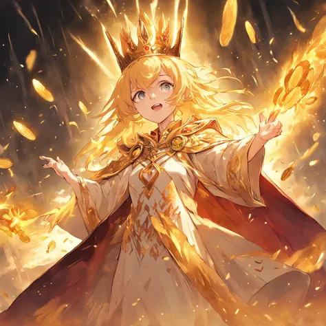 The female pope wears a golden crown and a phoenix robe,holding a phoenix scepter and a magic bok. She is surounded by a dazling display of gold coins and has long golden hair