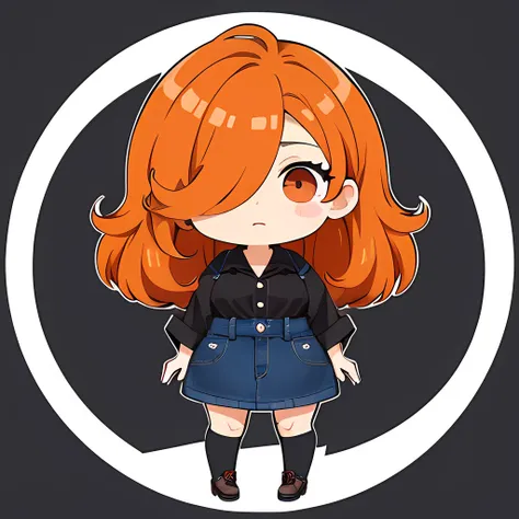 hair over one eye、one woman, 独奏, (twitch emote:1), chibi, brown hair, black eyes, , comic strip, white backgrounid, a sticker, t...