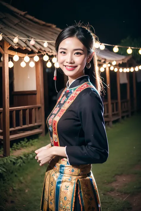 （8K分辨率，Vista full body photo），（1womanl，20yr old，（Facial features of Thai Aom：1.8，s delicate face），Lovely face，详细的脸，Long black hair，Coiled（Messy has layers），Redlip，Fair smooth skin，（Traditional Hmong womens clothing：1.4，（pleatedskirt，There is a waistband（si...