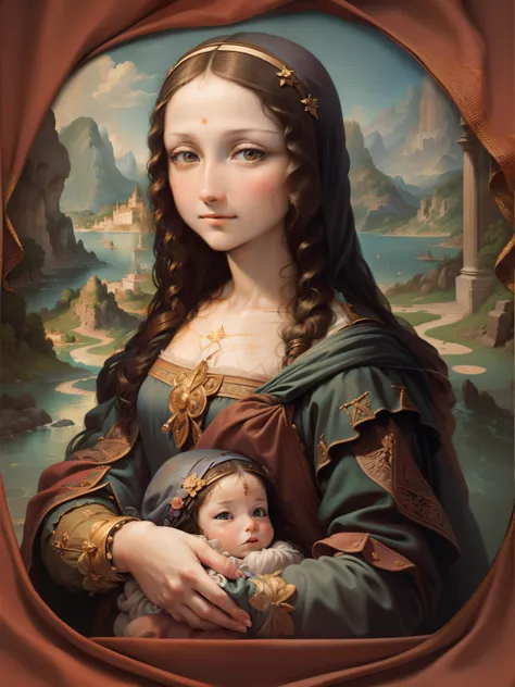 Mona Lisa holding a baby Leonardo da Vinci, bright clean restored color palate, intricate fabric details, needlepoint vining elements, silken sheen, photo realism, 24k resolution, hyper detail art style on Leonardo Da Vinci,  hand has four fingers, and one...