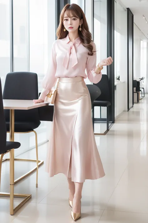 A confident business woman、Wearing a soft pink silk blouse and a white flared skirt、Decorated with gold accessories。Her light brown hair is styled in soft waves、Elegant pumps underfoot。Background is modern office environment。