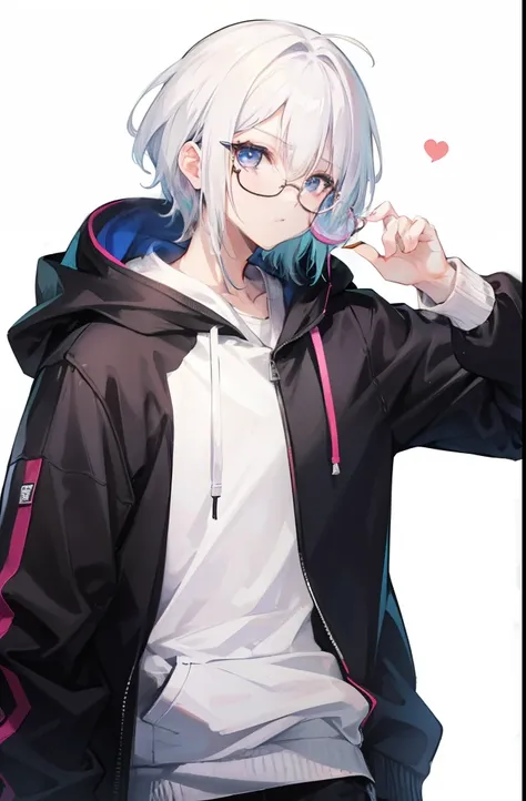 A guy with white hair wearing a hoodie, glasses, and showing his arm while blowing a bubble gum.