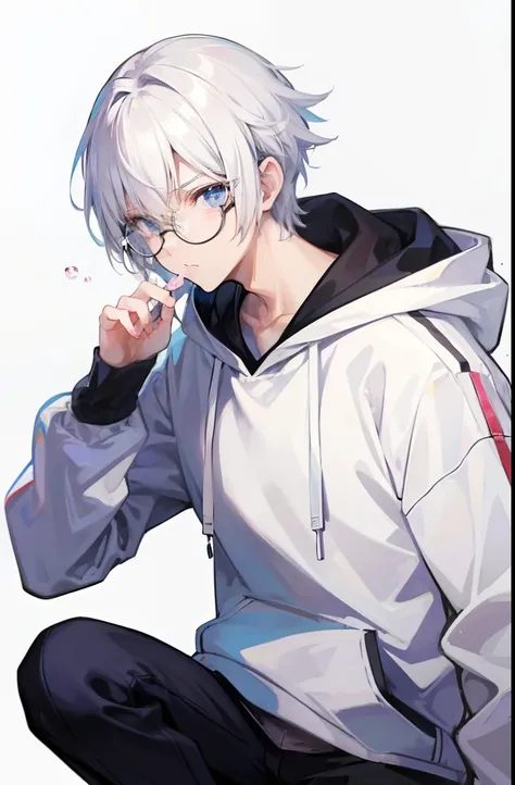 A guy with white hair wearing a hoodie, glasses, and showing his arm while blowing a bubble gum.