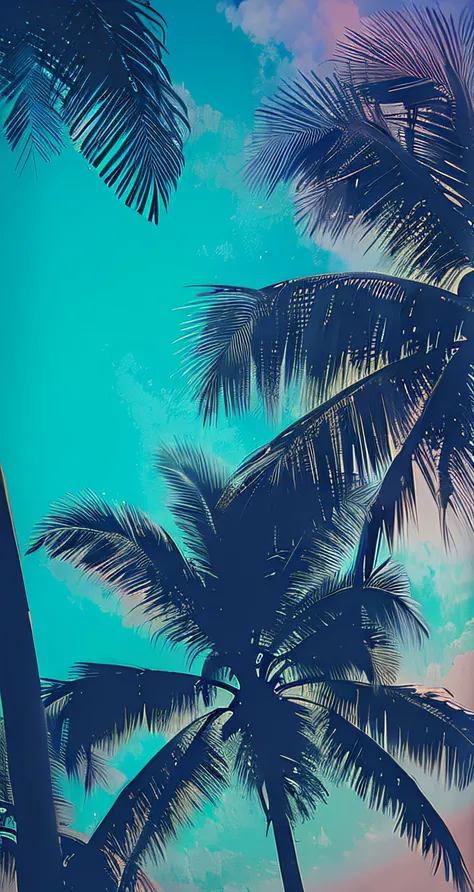 there are two palm trees that are standing in the sand, palmtrees, palm trees, palm trees in the background, palms, tropical palms, palm tree, clear blue sky vintage style, iphone wallpaper, beautiful iphone wallpaper, tree palms in background, phone wallp...