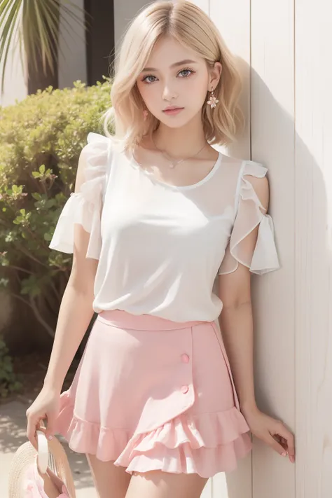 A youthful and playful "Girlish" style fashion magazine cover for Spring/Summer casual wear. The model has soft side-swept bangs and short bob with platinum blonde hair, styled in natural waves. Her makeup features bright dewy skin, soft pink and white eye...