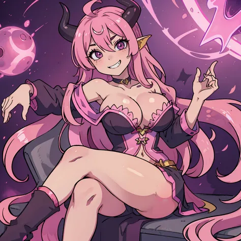 solo, girl, succubus, pink hair, shiny hair,   long hair, Revealing clothing, off shoulder, cleavage, large breasts, huge ahoge, grin, shiny eyes, crossed legs,