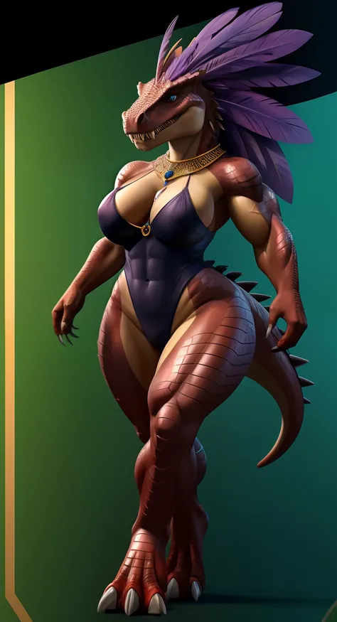 Anthropomorphic, furry, scaly, hybrid, woman, dinosaur, tyrannosaurus, black high cut leotard, black high leg leotard, sexy, curvy body, muscular body, thicc, claws, sharp teeth, fangs, tail, scales, hair, violet colored feather mane, fierce, busty, beauti...