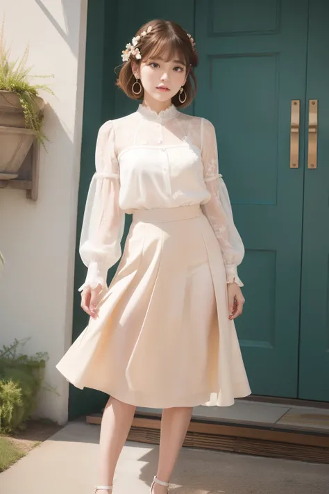 Styles worn by sweet women in spring and summer in business scenes。Face hair design is softwave with see-through bangs。Hairstyle silhouette is sweet wave with short bob。Hair color is peach blonde and sweet impression。Hair styling is half-up with ribbon acc...