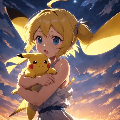 tmasterpiece，best qualtiy，cinematic Film still from，Pikachu，salama，Being held in the arms of a girl，Floating in the sky，closeup cleavage，brightly，cheerfulness，Warm and soft lighting，the sunset，（spark of light：0.7）