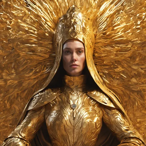 The female pope wears a golden crown and a phoenix robe,holding a phoenix scepter and a magic bok. She is surounded by a dazling display of gold coins and has long golden hair