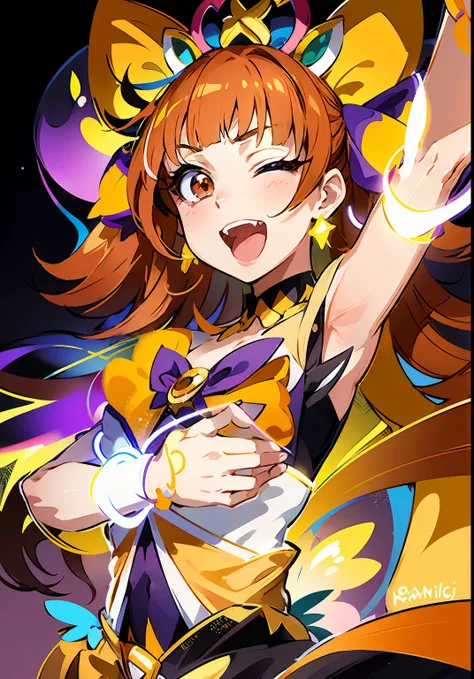 Anime boy in dress with yellow and purple bow, Boy in orange and yellow and violet costume, He has long orange-brown hair, Nami, Muscular men, Official art, marin kitagawa fanart, the pose(Arms up + Happy), anime goddess, juri misaki, Symphogear, official ...