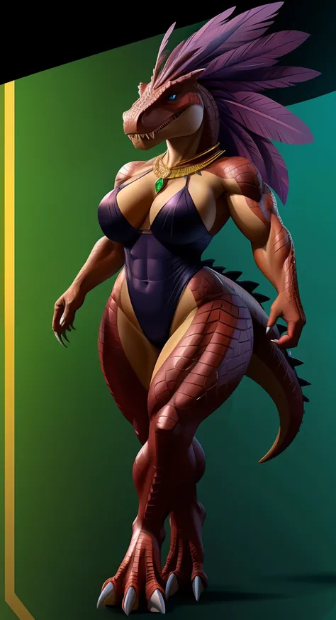 Anthropomorphic, furry, scaly, hybrid, woman, dinosaur, tyrannosaurus, black high cut leotard, black high leg leotard, sexy, curvy body, muscular body, thicc, claws, sharp teeth, fangs, tail, scales, hair, violet colored feather mane, fierce, busty, beauti...