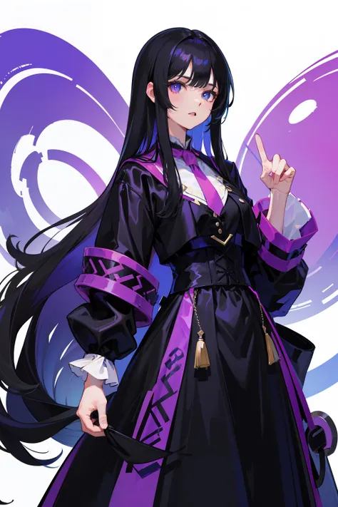 Beauty with long black hair and blue and purple eyes and mens clothing