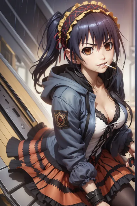 1girl, black hair, boots, breasts, cleavage, clock, clock eyes, cross-laced footwear, dress, dual wielding, gun, hairband, heterochromia, holding, holding gun, holding weapon, knee boots, lace-up boots, lolita fashion, lolita hairband, long hair, looking a...