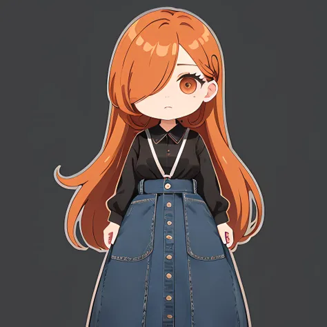 denim long skirt, full bodyesbian、hair over one eye、one woman, 独奏, (twitch emote:1), chibi, brown hair, black eyes, , comic stri...