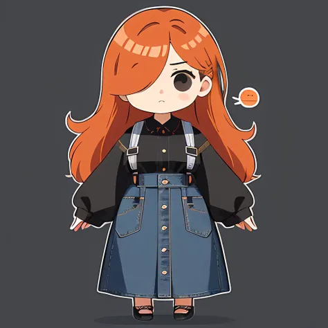 denim long skirt,hair over one eye、one woman, 独奏, (twitch emote:1), chibi, brown hair, black eyes, , comic strip, white backgrou...