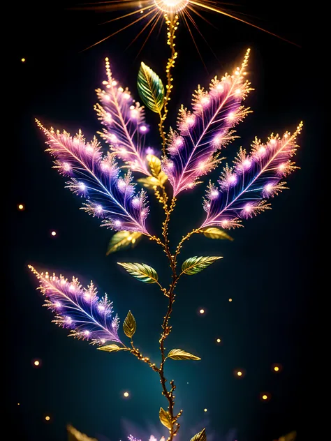 branch of delicate lilac flowers, super transparent, holy light, beautiful spectral light, petals glow, flashing, dark background, drops of transparent light, reflective light, bright, light streaming in, optics, portrait profile, sharp focus, magical, int...