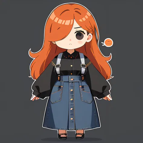 Denim Long Skirt,Hair over one eye、One Woman, 独奏, (twitch emote:1), Chibi, Brown hair, Black eyes, , comic strip, white backgrounid, a sticker, Thick black outline,Denim dresses、Black blouse、hair down、Orange hair、、brown haired、Denim Long Skirt