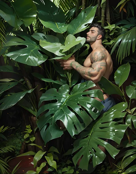 a man holding large leaf of a taro plant in a jungle with lots of green leaves, professional retouching and tuning of the person in image, covered in plants, handsome face with detailed facial features, naked man, wearing noting, his head is turning to his...