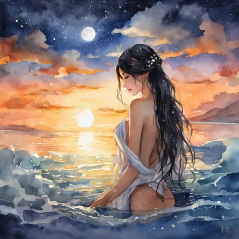 Beautiful girl with long black hair is taking a hot open-air bath while looking at the starry sky、barechested、She hides her breasts with a towel、Steam rises from the open-air bath、Photograph the night sky from behind、Masterpiece、realisitic