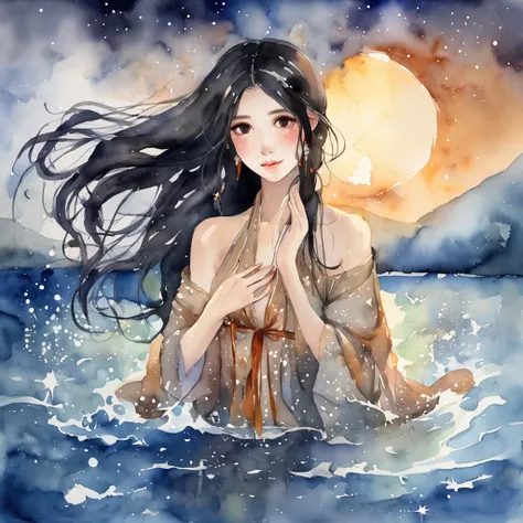 Beautiful girl with long black hair is taking a hot open-air bath while looking at the starry sky、barechested、She hides her breasts with a towel、Steam rises from the open-air bath、Photograph the night sky from behind、Masterpiece、realisitic