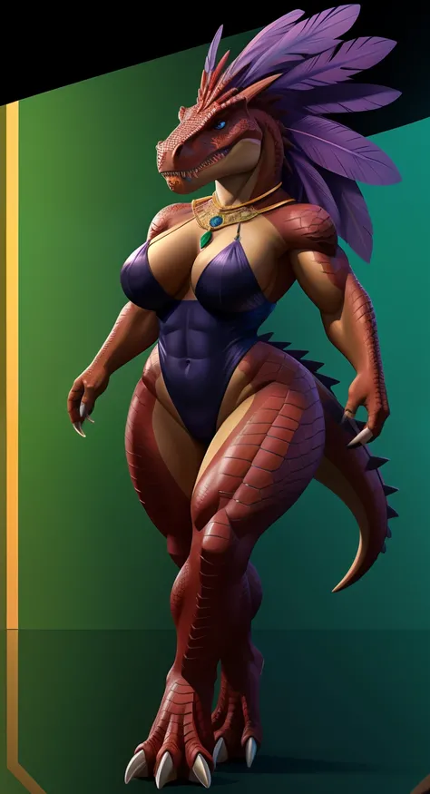 Anthropomorphic, furry, scaly, hybrid, woman, dinosaur, tyrannosaurus, black high cut leotard, black high leg leotard, sexy, curvy body, muscular body, thicc, claws, sharp teeth, fangs, tail, scales, hair, violet colored feather mane, fierce, busty, beauti...