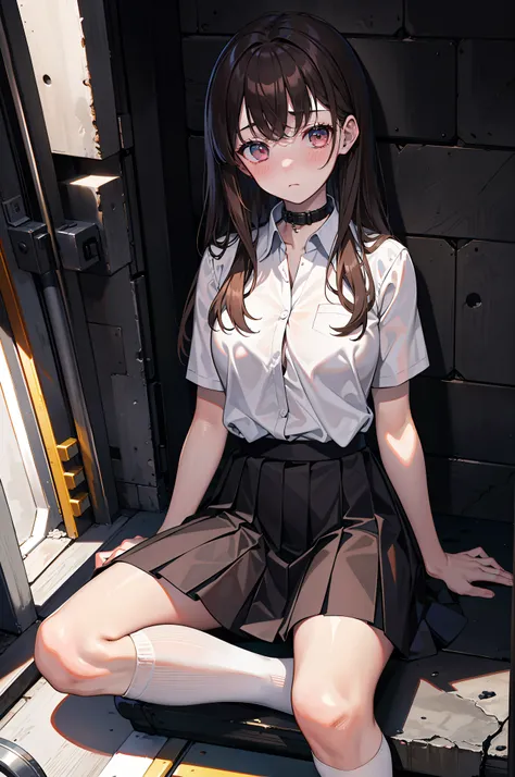 in an underground chamber, A woman, sitting down on the floor, legs separated，With silver-legged iron, There is a lot of dust, The lighting is dim,JK school uniform, Not wearing a bra, a black pleated skirt, Collar, Handcuffs on their hands, Brown hair, Lo...