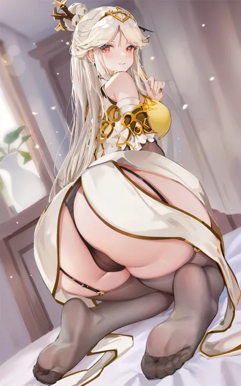 Anime girl sitting on bed with very large breasts, anime barbie in white stockings, white-haired god, loli in dress, small curvaceous loli, Anime goddess, from girls frontline, at pixiv, royal elegant pose, beautiful anime girl crouching, Highest rated on ...