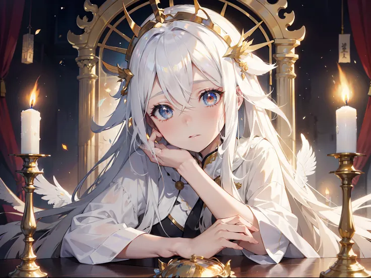 Long white hair shawl，A beautiful face but with a sad expression，Wearing a gorgeous phoenix crown。Tilted in his chair and rolled his eyes。The scene can be her dormitory，There is a candlelit vibe。