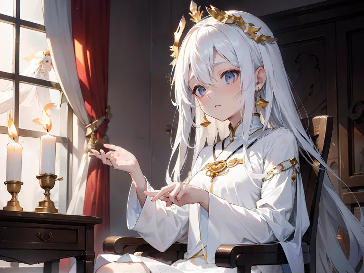 Long white hair shawl，A beautiful face but with a sad expression，Wearing a gorgeous phoenix crown。Tilted in his chair and rolled his eyes。The scene can be her dormitory，There is a candlelit vibe。