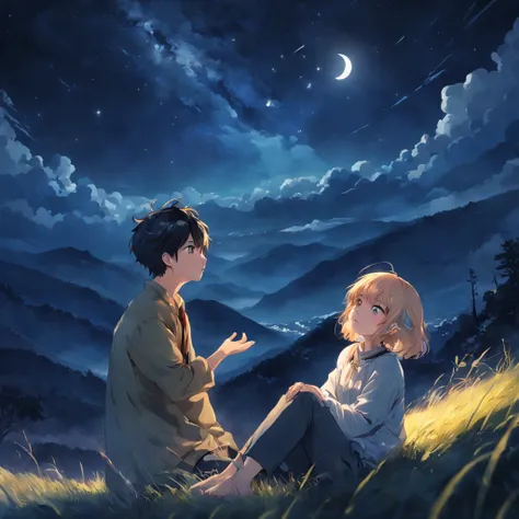 On the slope of the field on the mountain, She and he lay face down、Looking up at the night sky、She tilted her face towards me and looked at me.、she is blushing、Holding the hand of his right hand and her left hand、The viewpoint is looking up at the night s...