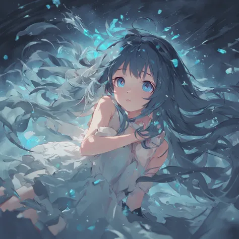 Anime girl with long hair and blue eyes lying on the ground, Splash art anime Loli, anime visual of a cute girl, anime moe art style, trending on artstation pixiv, wallpaper anime blue water, Guweiz in Pixiv ArtStation, Soft anime illustration, Detailed di...