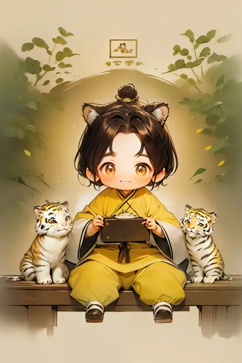 a cute little tiger，wear yellow clothes，chinesezodiac，smiling，the eyelashes are very long，art-deco, high detail, concept-art, ro...