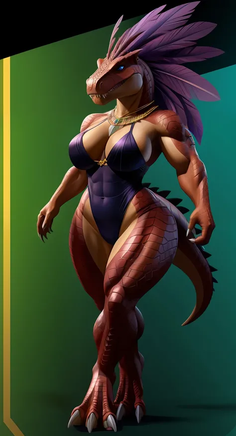 Anthropomorphic, furry, scaly, hybrid, woman, dinosaur, tyrannosaurus, black high cut leotard, black high leg leotard, sexy, curvy body, muscular body, thicc, claws, sharp teeth, fangs, tail, scales, hair, violet colored feather mane, fierce, busty, beauti...